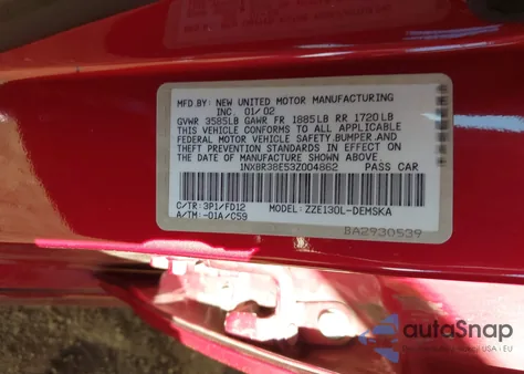 2003 Toyota Corolla Ce/Le/S z USA, uszkodzony, nr VIN 1NXBR38E432004862